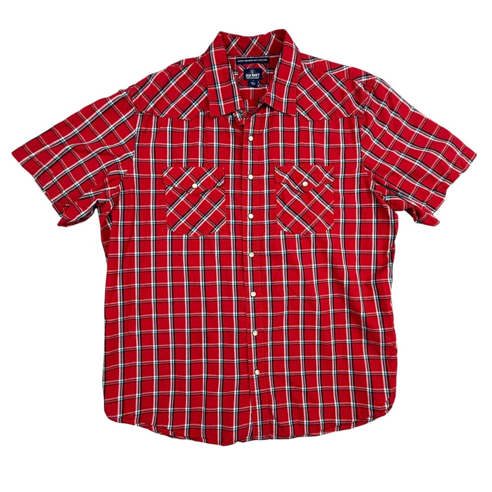 Old Navy Western Shirt Mens Extra Large Red Plaid Short Sleeve Pearl Snap Cotton